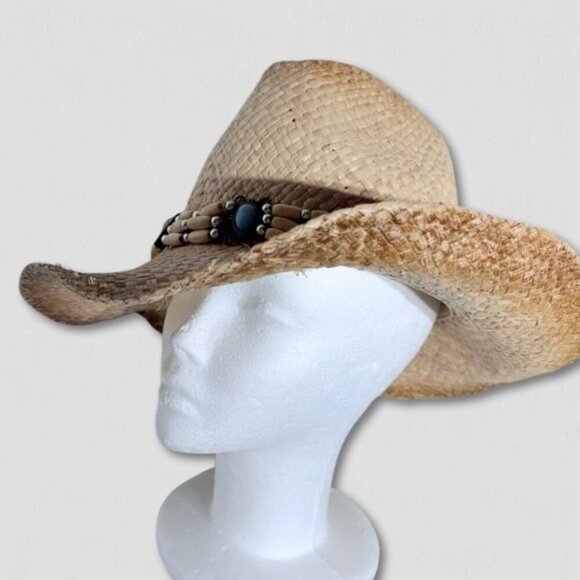 Straw Cowboy Hat Handwoven Western Beaded Beige OS - Picture 2 of 9
